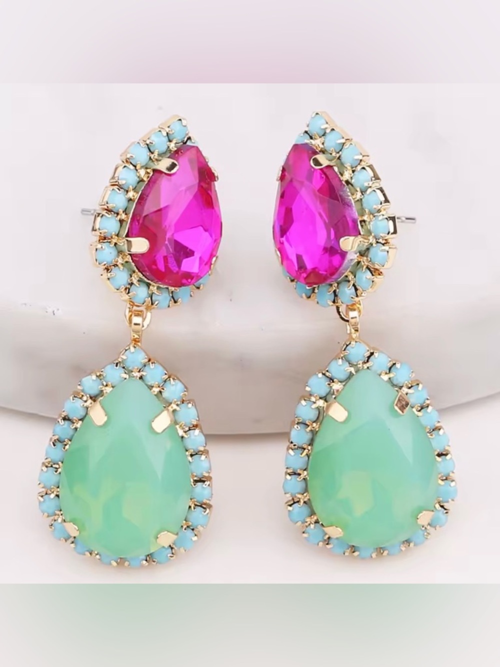 Gold-Tone Pink and Mint Teardrop Drop Earrings